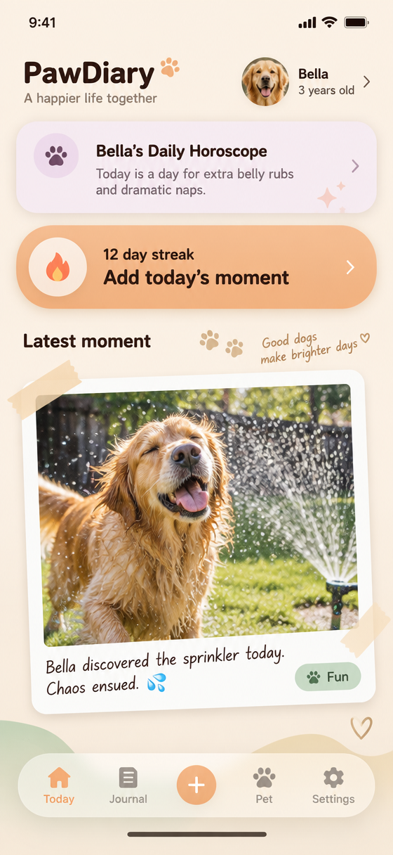 The today view with a streak, a prompt to add today's moment, and the most recent entry