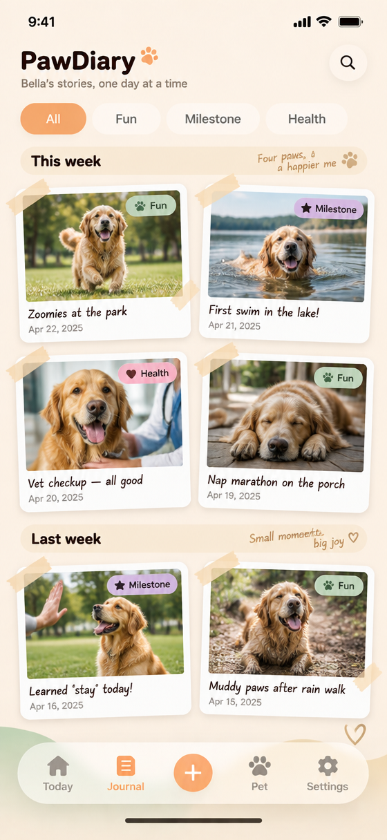 The journal: a grid of dated photo entries tagged Fun, Milestone and Health, grouped by week