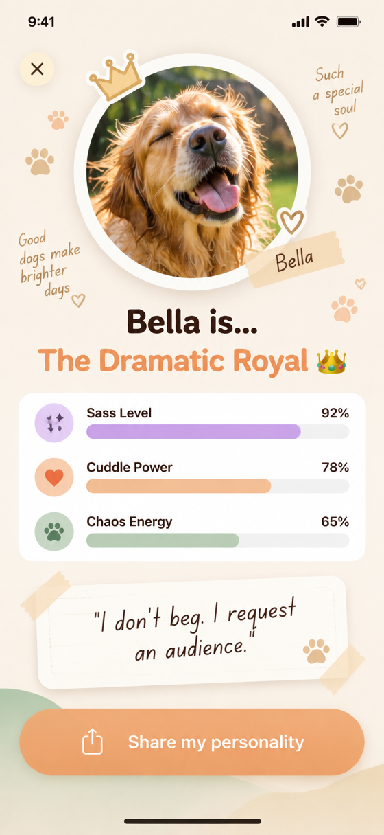 A personality reveal for a dog called Bella, named The Dramatic Royal, with sass, cuddle and chaos scored as bars