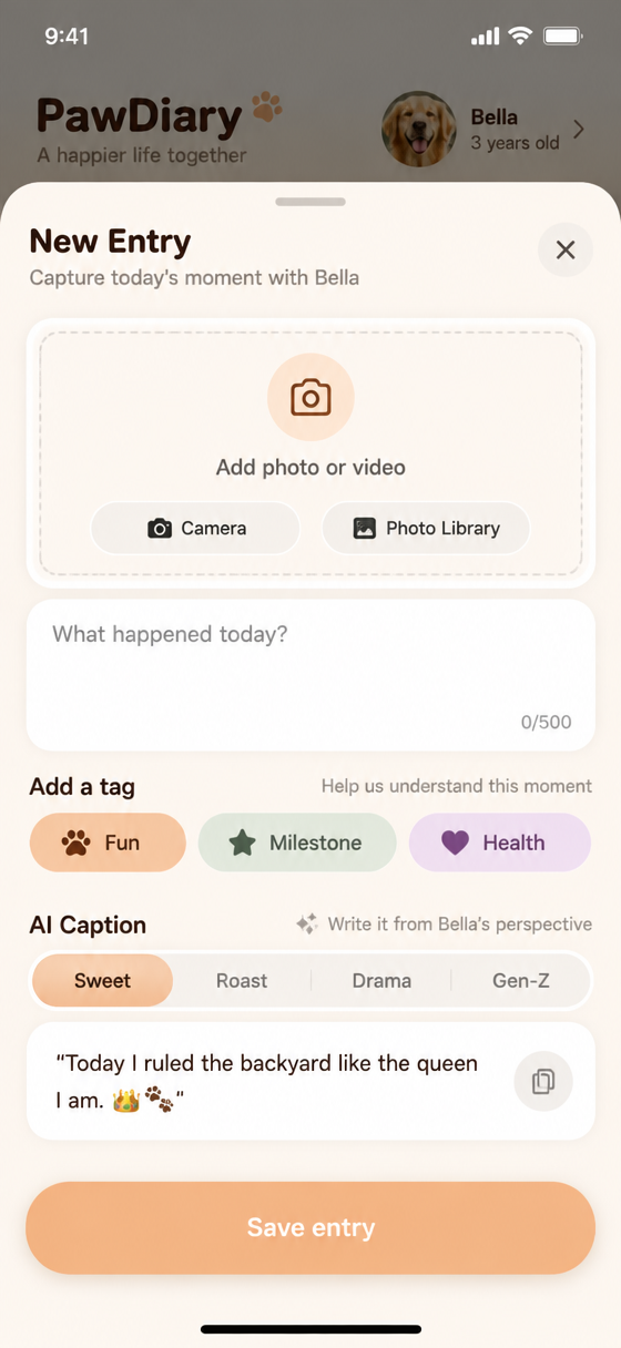 The new entry sheet: add a photo or video, write a note, pick a tag, and choose the tone of a caption